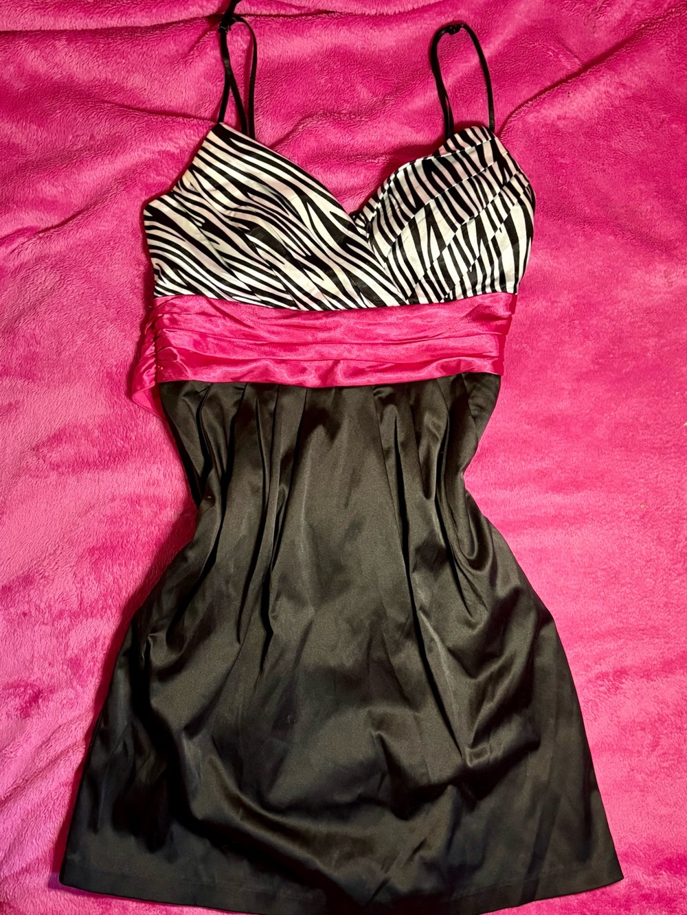 Mcbling Y2K Zebra Print Bust with Hot Pink Waistband Black Satin Dress